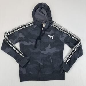 PINK Victoria's Secret Hoodie Womens Small Gray Camo Sequin Zip Sweatshirt Dog